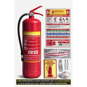 Resim 6 kg Foam Köpüklü Yangın Söndürme Tüpü 4 Yıl Garanti 3M N95 Maske Askı Aparatı kullanma talimatı ve fosforlu levha dahil 