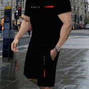 Resim Erkekler İçin Trend Yuvarlak Yaka Kısa Kollu Şort Takımı, Paris Yazı Baskılı Yüksek Çözünürlüklü Desen, Yazlık Rahat Tatil Giyim 