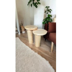 Resim Wood Ahşap 2li Set Mantar Yan Sehpa Modern Fiskos / Çiçeklik / Zigon 