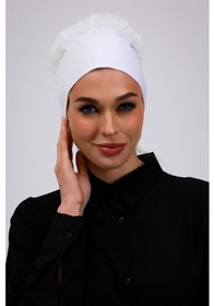 Resim Loggia Fırfırlı Dikişsiz Penye Bone Ekru - Kadın Tesettür Bağlamalı Topuz İç Bone Kırık Beyaz Ekru 
