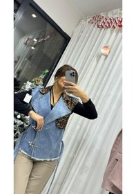 Resim Daves Leopar Desenli Belden Bağlamalı Kolsuz Denim Kumaş Kot Yelek Leopar-mavi Kot Çok Renkli 