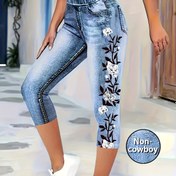 Resim Minimalist Çekicilik Kadın Yüksek Bel Kapri Tayt, Taklit Denim Desenli, Esnek Polyester Kumaş, Elastik Bel Bandı, Tüm Mevsimler İçin Rahatlık, Mavi Denim Görünüm Tasarımı, Günlük Kullanım Pantolon | Şık Alt Giyim | Pürüzsüz Kumaş Taytlar 