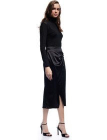Resim Koton Kruvaze Yırtmaç Detaylı Slim Fit Saten Midi Etek Siyah 6wak70001fw Siyah 