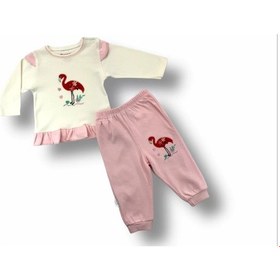 Resim 3-6 6-9 9-12 Ay Flamingo Nakışlı Uzun Kollu Sweatli 2li Kız Bebek Takımı Ekru Ekru 