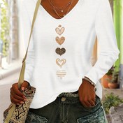 Resim Kadınlar İçin Uzun Kollu V Yaka Tişört - Kalp Desenli Yumuşak Rayon Üst (Altın/Bej/Turkuaz/Kahverengi/Siyah/Beyaz/Gri) - Şeffaf Olmayan Günlük Giyim, Sonbahar/Kışlık Bluz, Makinede Yıkanabilir, Rahat Malzeme, Çok Amaçlı Bluz, Mevsimsel Temel Parça 