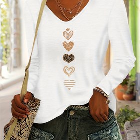 Resim Kadınlar İçin Uzun Kollu V Yaka Tişört - Kalp Desenli Yumuşak Rayon Üst (Altın/Bej/Turkuaz/Kahverengi/Siyah/Beyaz/Gri) - Şeffaf Olmayan Günlük Giyim, Sonbahar/Kışlık Bluz, Makinede Yıkanabilir, Rahat Malzeme, Çok Amaçlı Bluz, Mevsimsel Temel Parça 