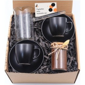 Resim 2'Li Siyah Mat Fincan Takımı & Cam Cezve & Cam Kavanoz Türk Kahve 