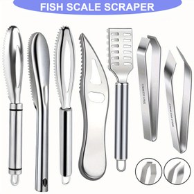 Resim 7 Parça Paslanmaz Çelik Balık Pulu Kazıyıcı Seti, Tırtıklı Kenar Sökücü, Deniz Ürünleri Bıçağı & Kemse - Ağır Hizmet Tipi 430 Paslanmaz Çelik Yapı 
