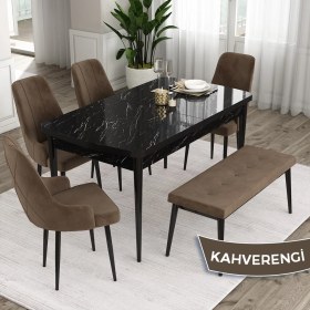 Resim Canisa Concept Ram Serisi 80 x 132 cm Mutfak Masa Takımı Siyah Mermer Desen Masa 4 Sandalye ve 1 Bench 