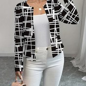 Resim Kadınlar için Rahat Geometrik Baskılı Bol Kesim Ceket - Ayarlanabilir H-Design, Hafif Çiçek Desenli Kardigan, Bahar, Sonbahar ve Kış İçin, Siyah ve Beyaz Desen, Uzun Kollu, Polyester Kumaş, Rahat Giyim Ceketi | Geometrik Desenli Ceket | Polyester Ceket 