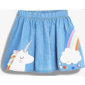 Resim Şirin Unicorn Ve Gökkuşağı Desenli Çocuk Etek Mavi 