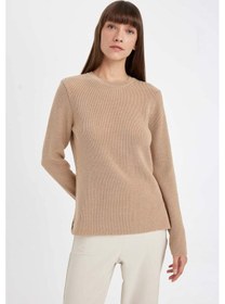 Resim DeFacto Regular Fit Bisiklet Yaka Simli Kumaş Triko Kazak D0405AX24WNBG647 Bej 