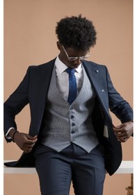 Resim Carutte Slimfit Sivri Yaka Çift Pileli Dokulu Kumaş Yelek Kombinli Takım Elbise 001 