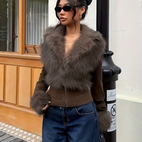 Resim Moda Sokak Stili Düz Renk Tüylü Fermuarlı Uzun Kollu Kadın Ceketi, Sonbahar ve Kış Giyim 