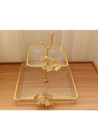 Resim Elta Collection 2 Katlı Döküm Aksesuarlı Yaldız Detaylı Kare Servis Tabağı Sunumluk Kurabiyelik Şeffaf 