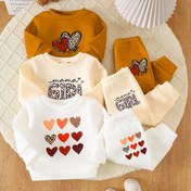 Resim Kızlar için Sonbahar ve Kış Mektup Kalp Baskılı Polar Sweatshirt + Baskılı Polar Pantolon, 6 parça 3'lü Takım, Kızlar için Dış Mekan Giyimine Uygun, Çocuklar için Hediye, Dış Mekan için Mükemmel 
