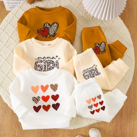 Resim Kızlar için Sonbahar ve Kış Mektup Kalp Baskılı Polar Sweatshirt + Baskılı Polar Pantolon, 6 parça 3'lü Takım, Kızlar için Dış Mekan Giyimine Uygun, Çocuklar için Hediye, Dış Mekan için Mükemmel 