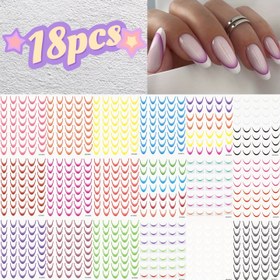 Resim 18 Adet Gradyan Fransız 3D Dalgalı Çizgi Tırnak Sanatı Stickerları - Kendinden Yapışkanlı Parlak Tırnak Dekorları, Canlı Renk Karışımları ile DIY Yazlık Tırnak Tasarımları için, Kadınlar & s, Tırnak Sanatı İçin Tırnak Stickerları, Fransız Ucu Tasarımı 