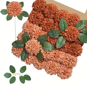 Resim Boho Terrakota Yanık Turuncu Dahlia Vintage Floral Dekor Seti, 29 Parça Sahte Krizantem Çiçekleri Yeşil Yapraklarla, Düğün, Damat Duşu, Yıl Dönümü, Mevsimlik Ev Partisi Dekorasyonu için Suni Bahçe Mums 