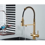 Resim OEM Mutfak Evye Bataryası Dual Flow Su Arıtma Çıkışlı Spiralli Fiskiyeli 7 Yıl Garantili Ithal Mat Gold 