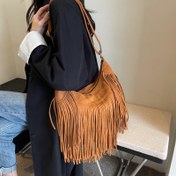 Resim Vintage Süet Hobo Çanta Püskül Detaylı - Haki Kadife Crossbody Çanta, Bilek Kayışı & Fermuar Kapatma ile İşe Gidiş-Geliş ve Günlük Kullanım İçin 