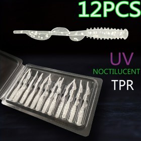 Resim 12 adet TPR Yumuşak Balık Yemi, UV Noctilucent TPR Yem, Kurşunsuz, Beyaz, Çeşitli saç tokası Dahil, Standart Kutu Ambalajı 