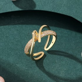 Resim Şık Altın Tonlu Bakır Halka, Parıldayan Sentetik Zirkonya Detayları ile - Günlük Kullanım için Mükemmel, Güney Kore Stili, Tüm Mevsim Aksesuarı, Günlük Kullanım Aksesuarı | Güney Kore Stili Halka | İnce Tasarım 
