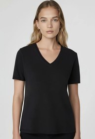 Resim Siyah V Yaka Kadın Tişört - SİYAH / 42 