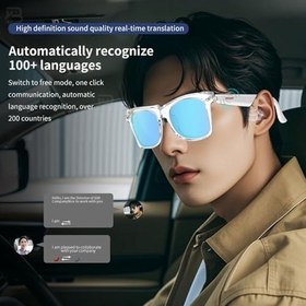 Resim AI Akıllı Gözlükler, Kablosuz Bluetooth Gerçek Zamanlı Çeviri Gözlükleri, IP65 su Geçirmez Ve Mavi ışık Için Lensli Ses akıllı Gözlük, 144 Dilin (Beyaz çerçeveli mavi lens) 