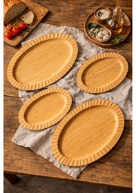Resim Bambu Oval Servis Tabağı Seti Doğal Ahşap Şık Sunum Tabakları Farklı Boylarda Bej 