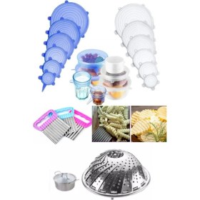 Resim Qniay 3lü Set Buharda Pişirme Aparatı Haşlama Sepeti + Cips Patates Doğrayıcı + 6'lı Streç Silikon Kapak 