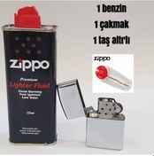 Resim Zippo Benzin Zippo Metalik Gri Benzinli Çakmak ve Taş Set 