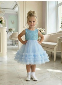 Resim Butikhappykids Kız Çocuk Mavi Payetli Volanlı Tüllü Prenses Abiye Elbise 1-6 Yaş Mavi 