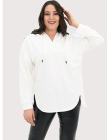 Resim Kadın Büyük Beden Kapüşonlu Oversize Sweatshirt 1895-25 Ekru 