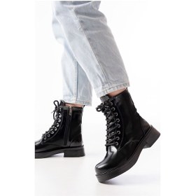 Resim 02-356 Siyah Rugan Düz Topuklu Bağcıklı Fermuarlı Günlük Kadın Bot Acı Kahverengi 