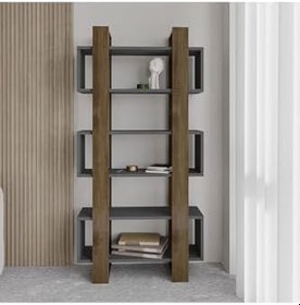 Resim Milano Kitaplık, İstanbul Ceviz/Antrasit, Raflı Kitaplık, Kütüphane, Çalışma Odası, Ev-Ofis 