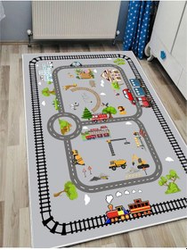 Resim Trafik Tren Çocuk Oyun Halısı Kaymaz Makinede Yıkanabilir 