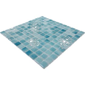 Resim MozaiKristaL Mutfak Tezgah Arası, Havuz, Banyo, Sauna, Spa, ve Yaşam Alanlarının Tüm Yüzeyleri İçin. 25X25 mm P. Açık Turkuaz. 31.5X31.5 cm. Fileli Cam Mozaik. ( 1 M2 Fiyatıdır ) 