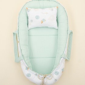 Resim Babynest ve Yastık - Çift Taraflı - Su Yeşili Muslin - Su Yeşili Güneş 