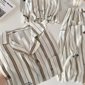 Resim Kadınlar için yazlık üç parçalı pijama takımı, 2025'te popüler, kısa kollu şort ve uzun pantolonlu dış mekan giyimi, sevimli çizgi film desenli ev kıyafeti 