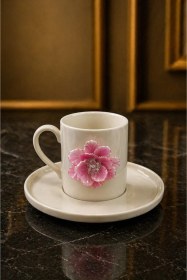 Resim 6 Kişilik Beyaz Porselen Renkli Lotus Lüks Kahve Fincan Takımı Seti 100ml 