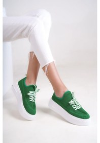 Resim Mubiano H- 101-y Triko Örme Kumaş Oval Burunlu Bağcık Detay Kadın Yeşil Yüksek Taban Babet & Loafer Ayakkabı Yeşil 