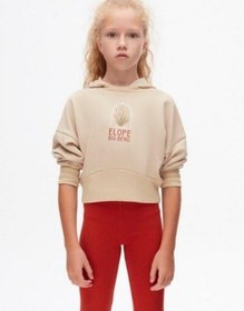 Resim Kız Çocuk Pamuklu Orta Kalınlık Kapüşonlu Crop Sweatshirt-14707 Vizon 