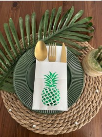 Resim Yeşil Yaldızlı Beyaz Cepli Ananas Peçete 12 Adet 40x40 