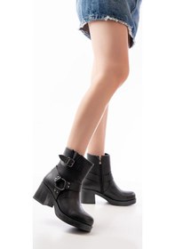 Resim 5109-3042 Siyah Toka Aksesuarlı Fermuarlı Kalın Topuklu Günlük Kadın Bot Acı Kahverengi 