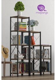 Resim Morpanya Vera Merdiven Metal Kitaplık 3 Bölmeli Kitaplık Çok Amaçlı Dosya Kitap Rafı Ofis Salon Raf Ceviz 