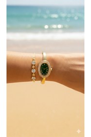 Resim Leerybee Zarif Kadın Bilezik Görünümlü Saat Taşlı Bileklik Hediyeli Kombin Set 