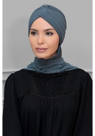 Resim Hürrem Bone Gri Pratik Hazır Geçmeli Tesettür Bone Sandy Kumaş Taçlı Büzgülü Gri 