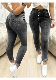 Resim Kadın Yüksek Bel Önden Düğmeli Jean Pantolon Siyah 