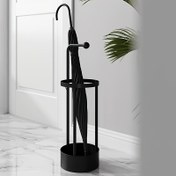Resim 1'li Paket İskandinav Tarzı Metal Şemsiye Standı & Baston Tutucu - Damlalık Tepsili, Ayakta Duran Demir Giriş Organizatörü, Ev, Okul, Ofis ve Ticari Kullanım İçin Modern Tasarım, Fonksiyonel Dekorasyon, Şık Siyah Kaplama 